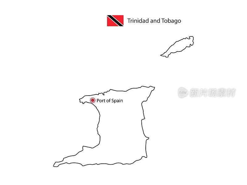 手画细黑线矢量特立尼达和多巴哥地图与首都西班牙港口在白色背景。
