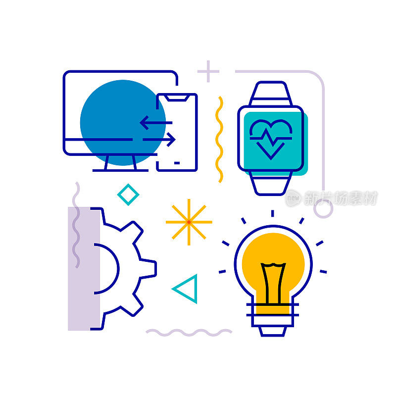 物联网相关设计元素。带有轮廓图标的图案设计。色彩斑斓的矢量图