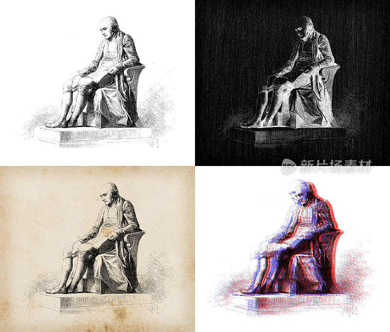 科学家的古董插图:詹姆斯・瓦特雕像