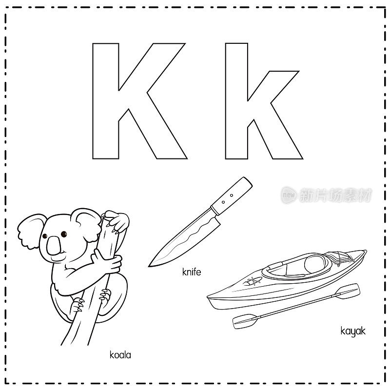 向量插图学习字母K的小写和大写的儿童与3卡通图像。考拉刀Kayak。