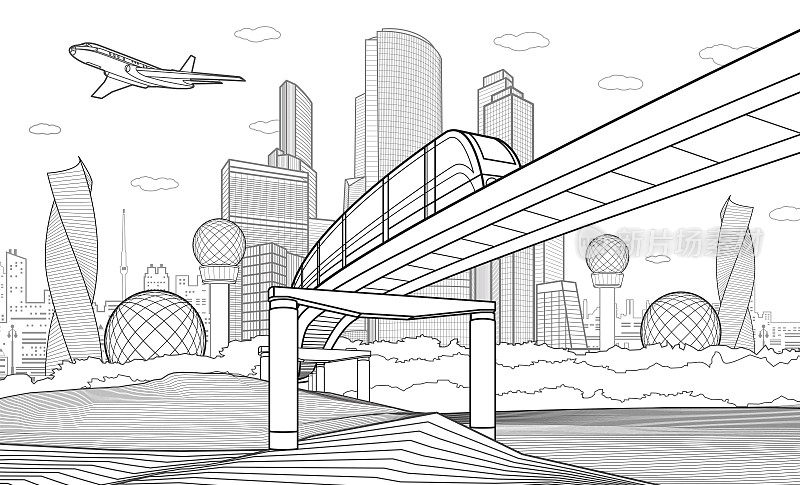 黑色轮廓的基础设施城镇插图。火车在桥上行驶。现代城市在白色的背景下，高楼大厦、商务大厦、飞机正在飞翔。矢量设计艺术