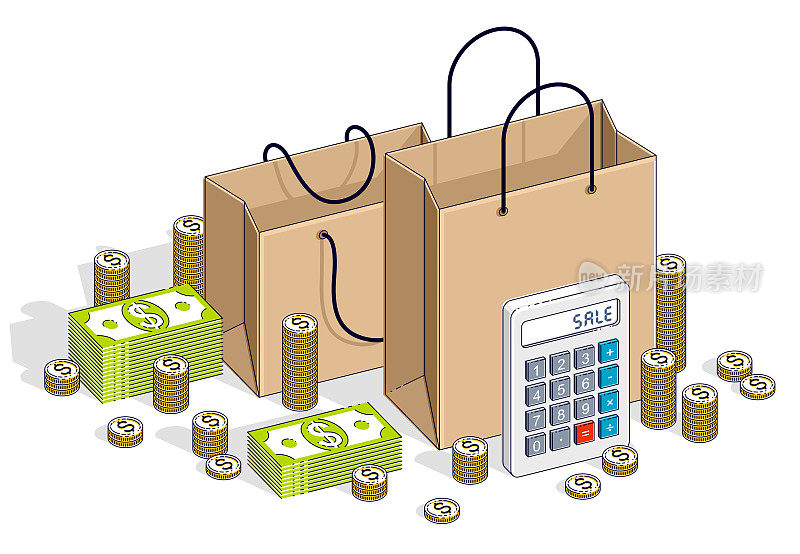 大减价的概念，零售，出售，购物袋与现金堆栈和计算器孤立在白色背景上。矢量三维等距商业和金融插图，细线设计。