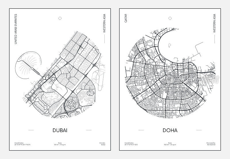 旅游海报，城市街道规划城市地图迪拜和多哈，矢量插图