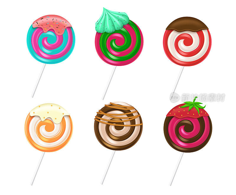棒棒糖向量集设计。棒棒糖棒棒糖儿童甜点系列孤立在白色的背景与彩色口味糖果生日和场合食品。