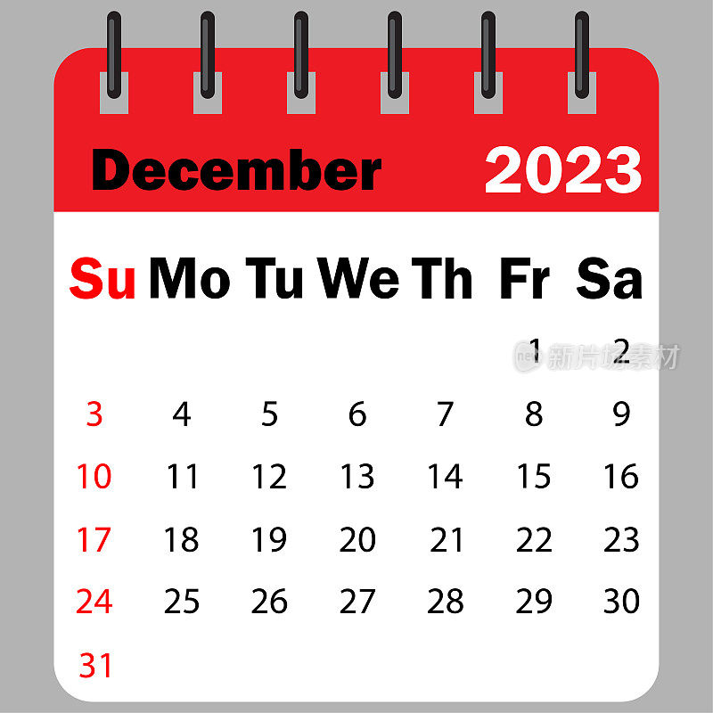2023年12月是红色日历上的一个螺旋。2023年日历提醒。商业计划的时间表。矢量插图。股票的形象。