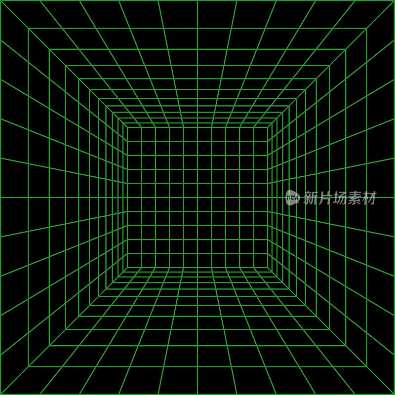 线框视角多维数据集。三维线框网格室。三维透视激光栅格。网络空间黑色背景与绿色网格。虚拟现实中的未来数字走廊空间。矢量图