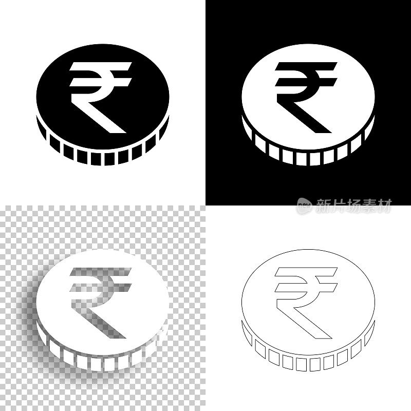 印度卢比硬币。图标设计。空白，白色和黑色背景-线图标