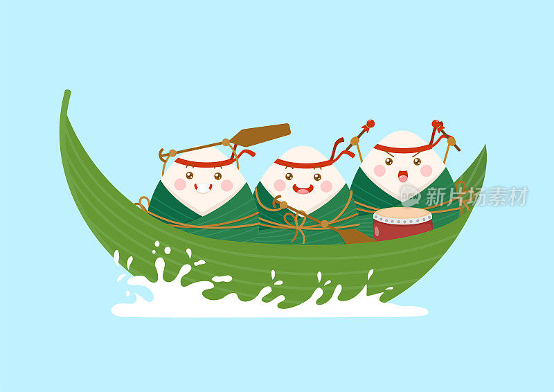 可爱可爱的中国粽子粽子卡通人物骑竹叶船