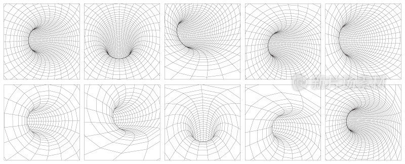 网格虫洞线框隧道。三维重力量子，矢量虫洞插图。奇点抽象黑洞漩涡概念三维插图。每股收益10
