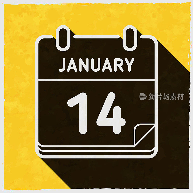 1月14日。图标与长阴影的纹理黄色背景
