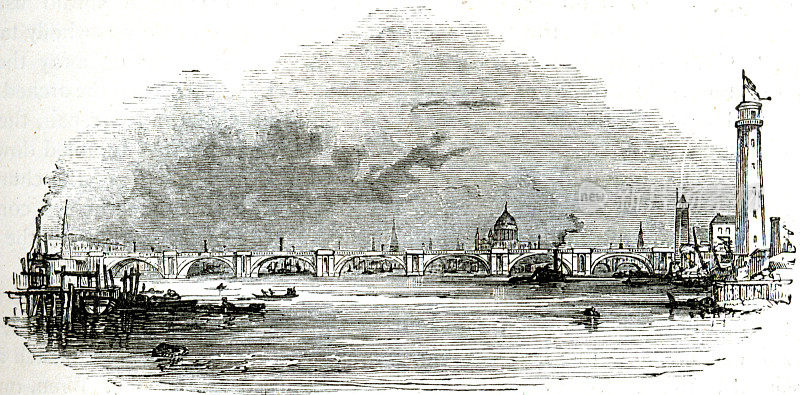 19世纪英国伦敦的滑铁卢桥、圣保罗和泰晤士河