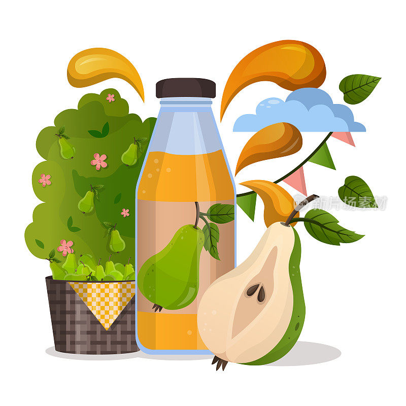 新鲜梨汁玻璃瓶概念。收获节海报设计用梨。作物节的邀请函。绿梨滴果汁溅和ripple
