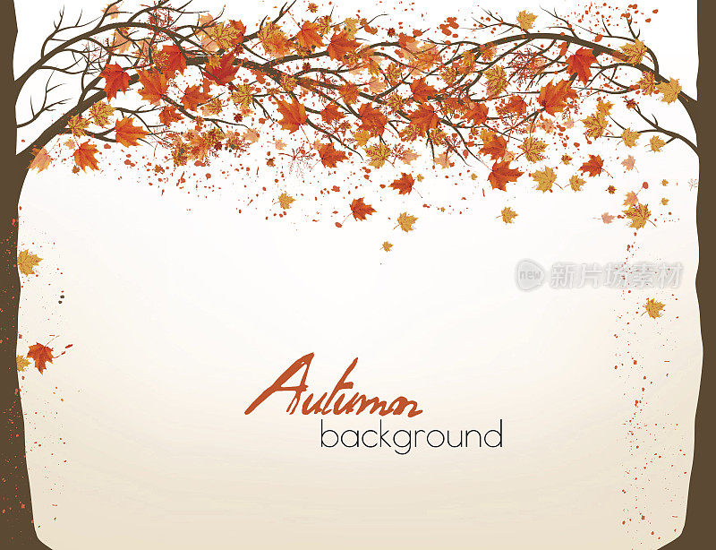 秋天的背景有一棵树和五颜六色的树叶。向量。