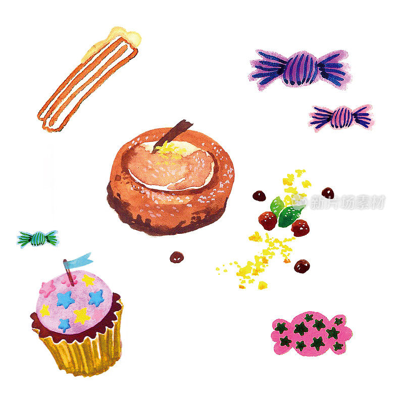 甜点画-油条，奶酪蛋糕，纸杯蛋糕，糖果