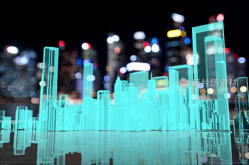 电网、智慧城市能源、电力配送链行业技术理念。建筑的3D渲染和模糊城市背景。