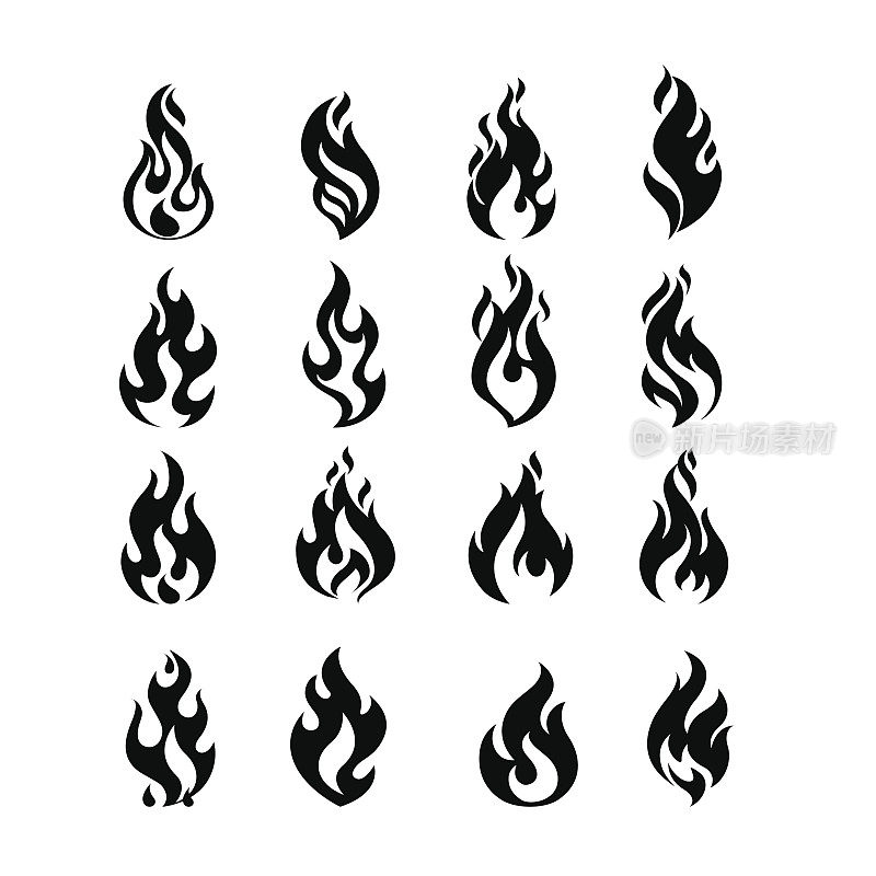 黑色燃烧的火焰火焰图标集设计矢量模板。燃烧火球概念图标包。热地狱插图。篝火创造性的集合。