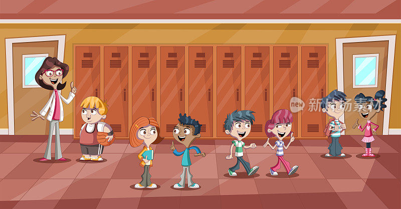 可爱的卡通儿童和老师在学校走廊
