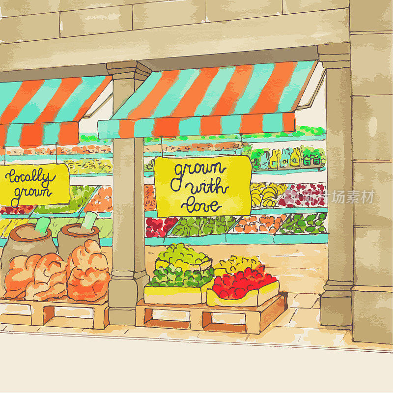 超市彩色手绘素描。农贸市场。新鲜有机食品商店。当地的农产品。