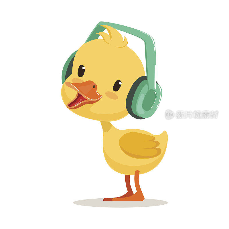 小黄鸭小鸡戴着耳机听音乐，可爱的表情矢量插画