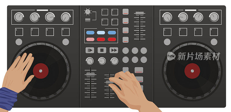 DJ用手演奏黑胶唱片。前视图。DJ接口工作空间混频器控制台转盘。夜总会的概念