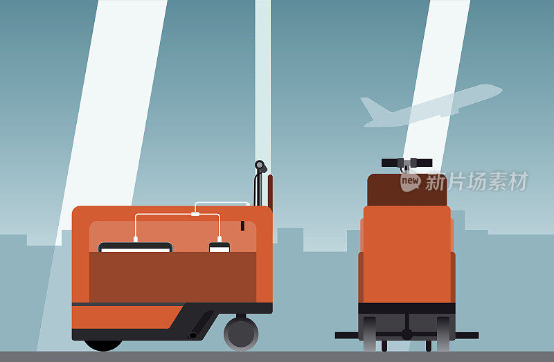 带马达和舵的摩托行李箱在机场。行李的未来。矢量图