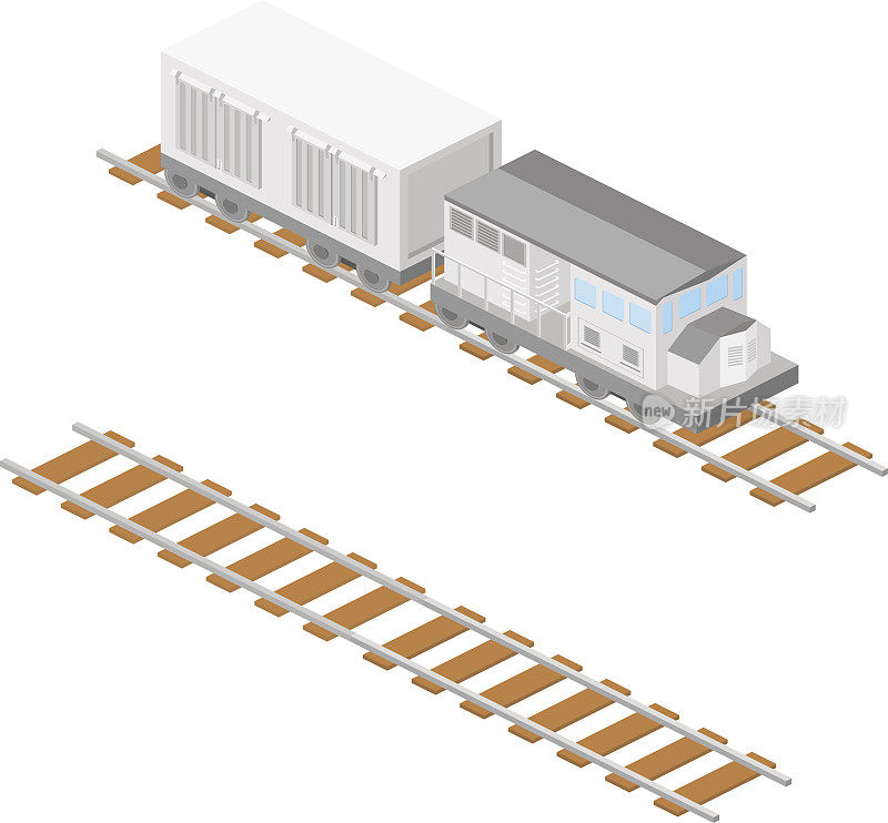 等距平面三维概念矢量插图货运列车与货车。铁路集装箱。一组收集货物列车。