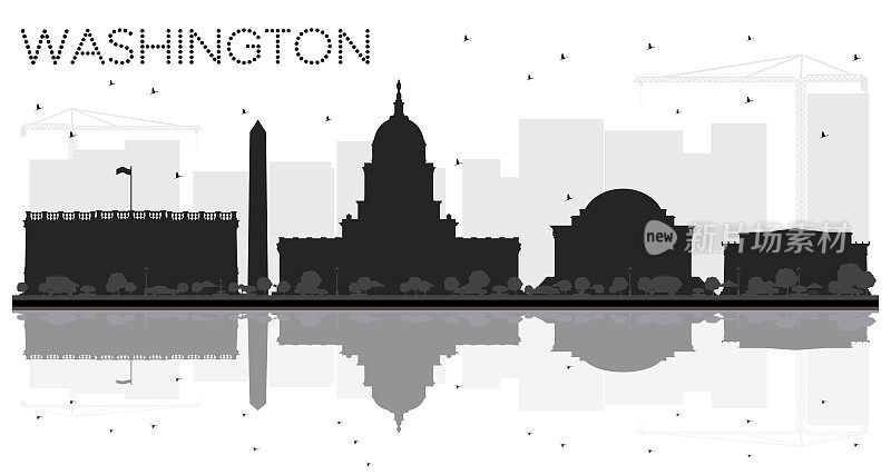 华盛顿特区城市的天际线与黑白剪影的倒影。