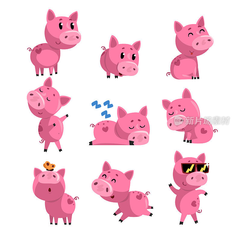 一组可爱的小猪在不同的行动。睡觉，跳舞，走路，坐着，跳着。粉红色家养动物的卡通人物。孤立平面矢量设计
