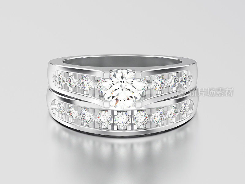 3D插图套二白金或银饰钻石戒指心形装饰