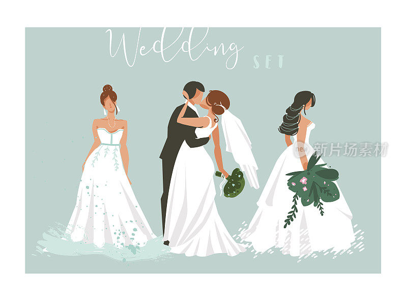 手绘矢量抽象卡通婚礼拥抱，亲吻夫妇和新娘新娘插图集合元素设置在蓝色背景孤立