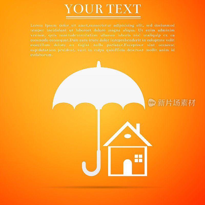房子与伞图标隔离在橙色背景。房地产保险符号。房地产的象征。平面设计。矢量图