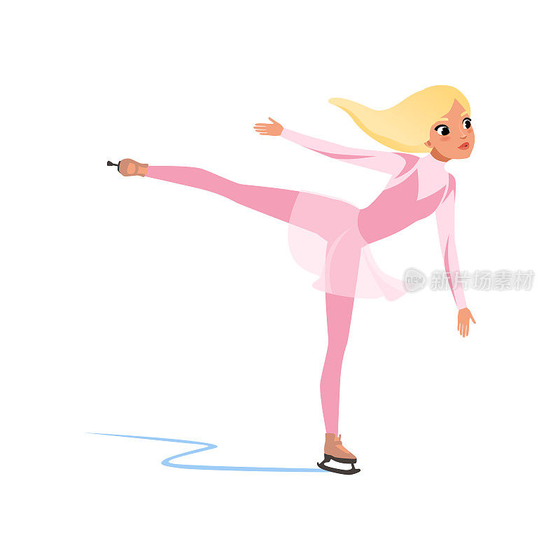 美丽的花样滑冰女孩在粉红色短裙滑冰，女运动员在室内溜冰场练习矢量插图上的白色背景