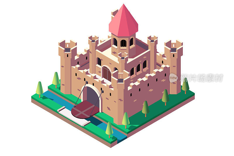 3d等距中世纪城堡，敞开大门和沟渠。