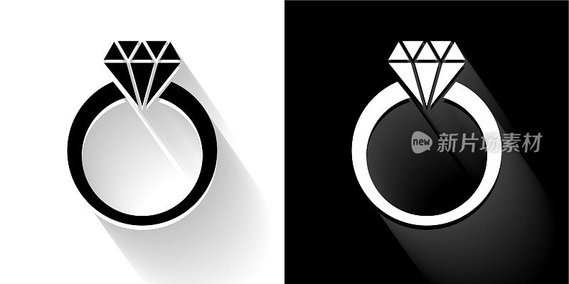 钻石戒指黑色和白色图标与长影子
