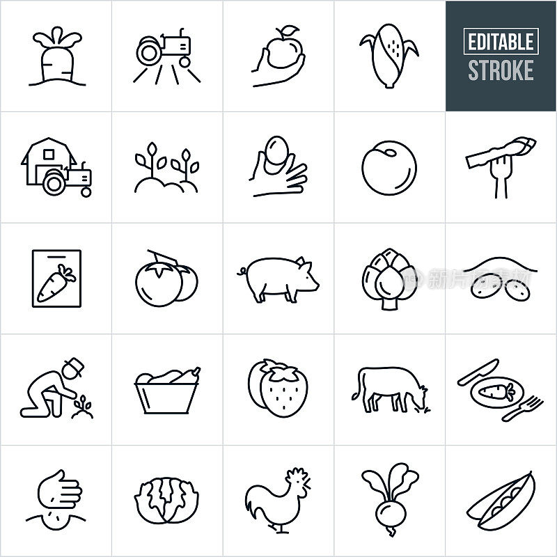 农场食品和牲畜细线图标-可编辑的笔画
