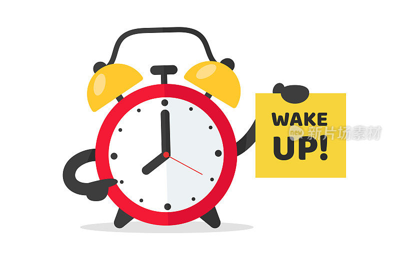 闹钟叫你起床去上班。红色的闹钟矢量指向一个醒来的音符。