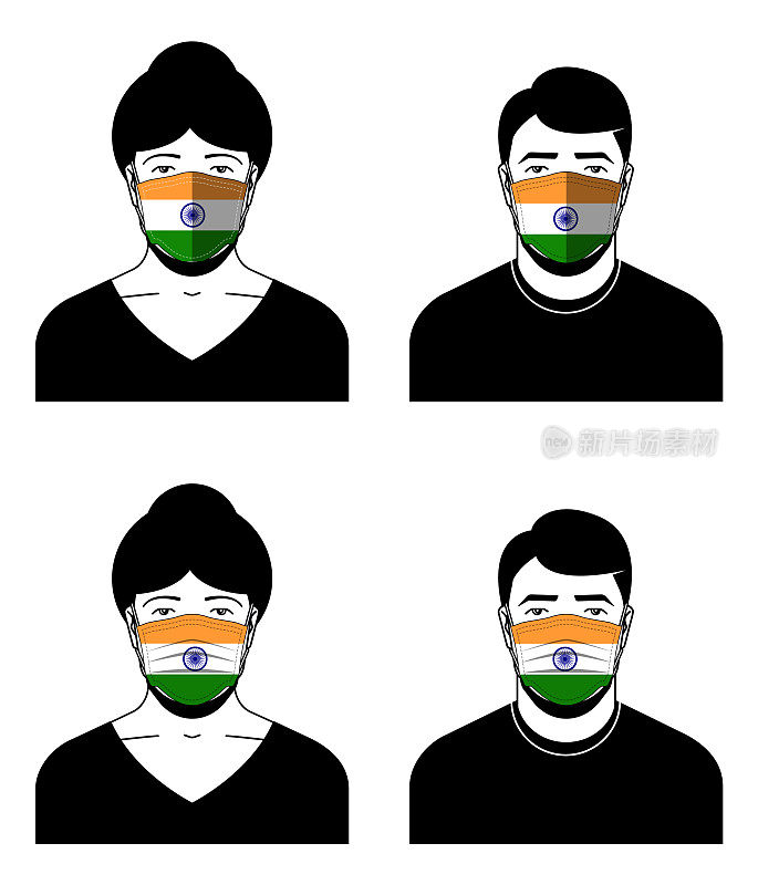人物图标设置戴着医用口罩与印度国旗