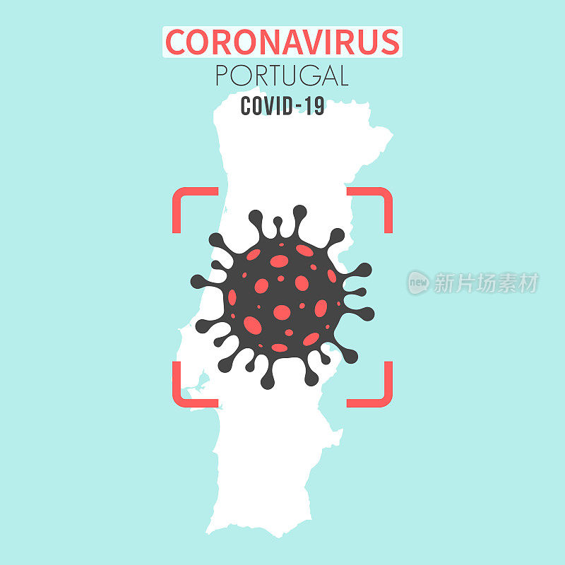 葡萄牙地图，红色取景器中有冠状病毒细胞(COVID-19)