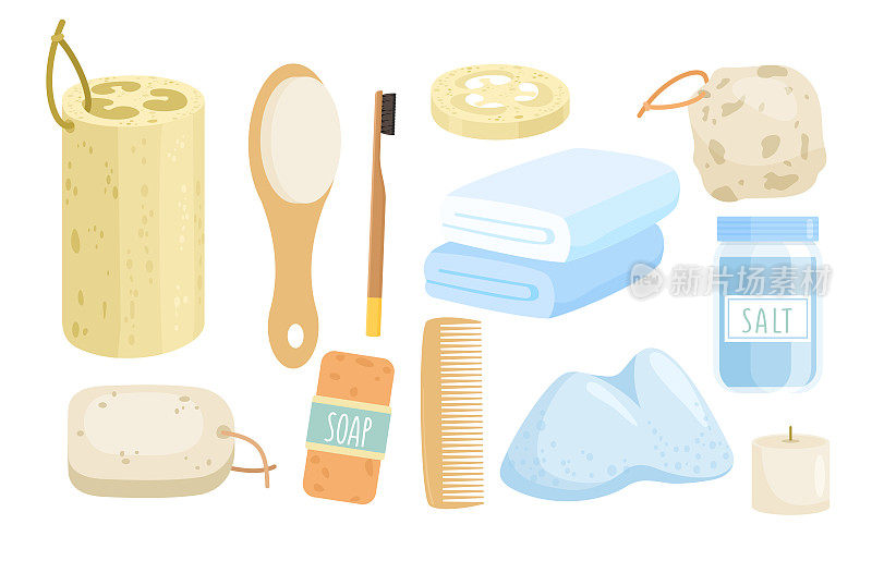 生态浴配件矢量插图集，卡通平面零废物浴室收集与木梳子或牙刷，丝瓜海绵，天然海盐和肥皂图标