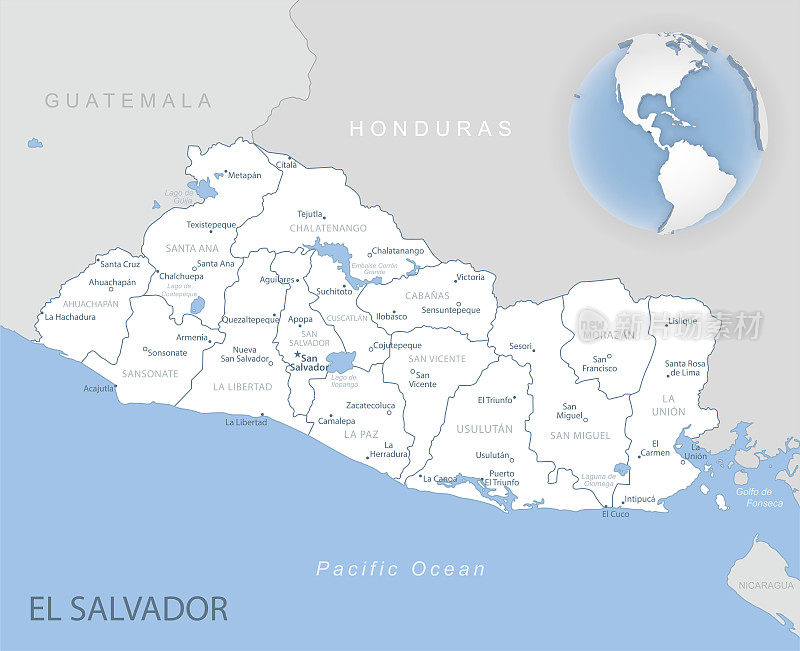 全球萨尔瓦多行政区划和位置的蓝灰色详细地图。