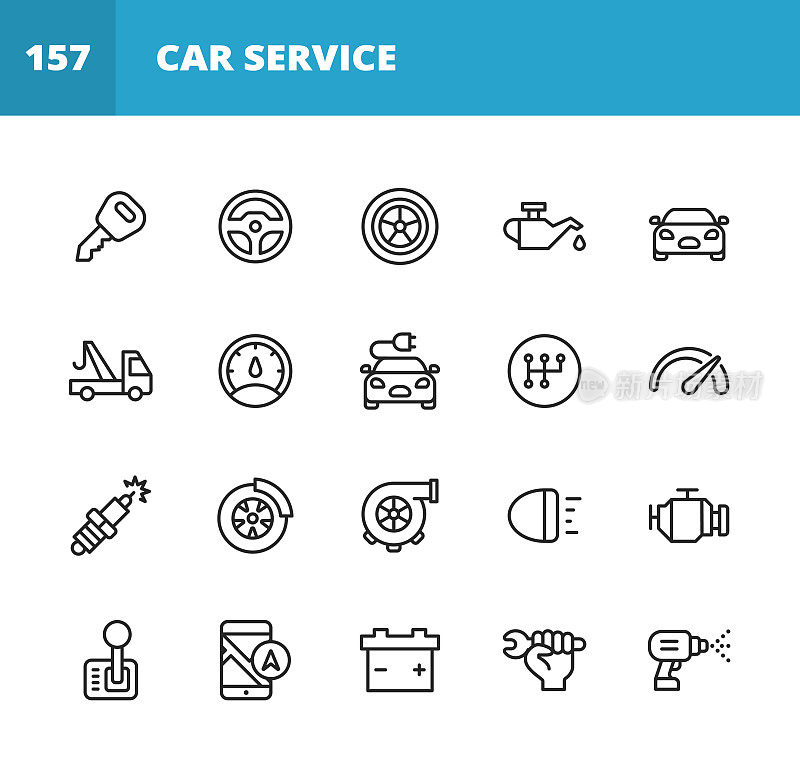汽车服务和汽车修理店线图标。可编辑的中风。像素完美。移动和网络。包含如汽车事故,机修工,方向盘,轮胎,车轮,汽车油,车库,速度表,汽车镜,导航,电池等图标。