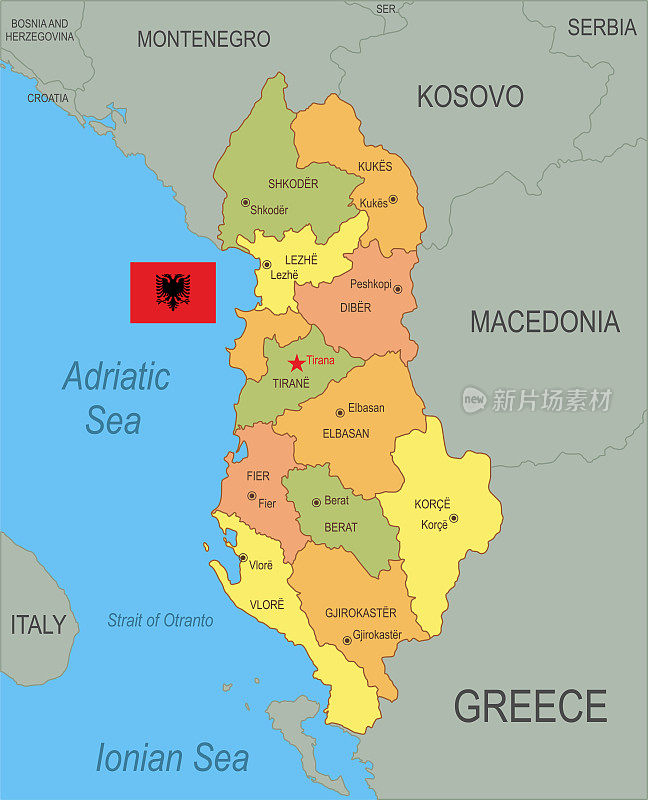 带有旗帜的阿尔巴尼亚平面地图