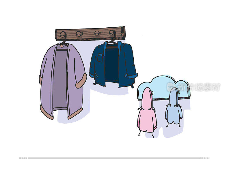 一个有两个孩子的家庭，他们的外套挂在一个随意的设置的入口通道。家庭的日常生活和概念表现。