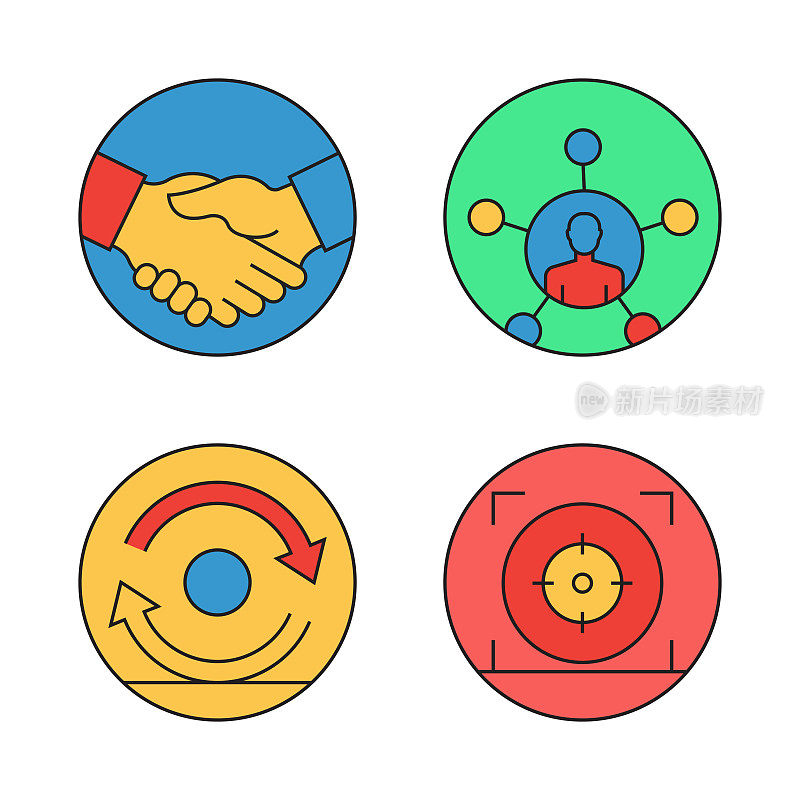 核心价值相关的平面线图标，轮廓向量符号插图。