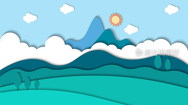 美丽自然的山水纸艺术风格用云背景矢量插画，山水图案