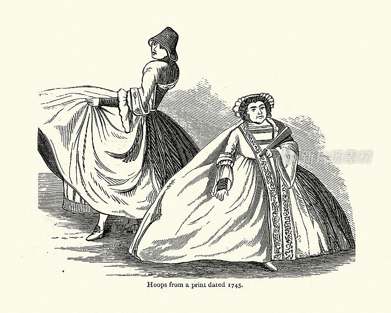 妇女们穿着箍裙，这是18世纪中期的时尚