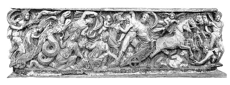 亚琛大教堂里查尔斯大帝的石棺。一名罗马石匠的作品描绘了珀耳塞皮娜的绑架。