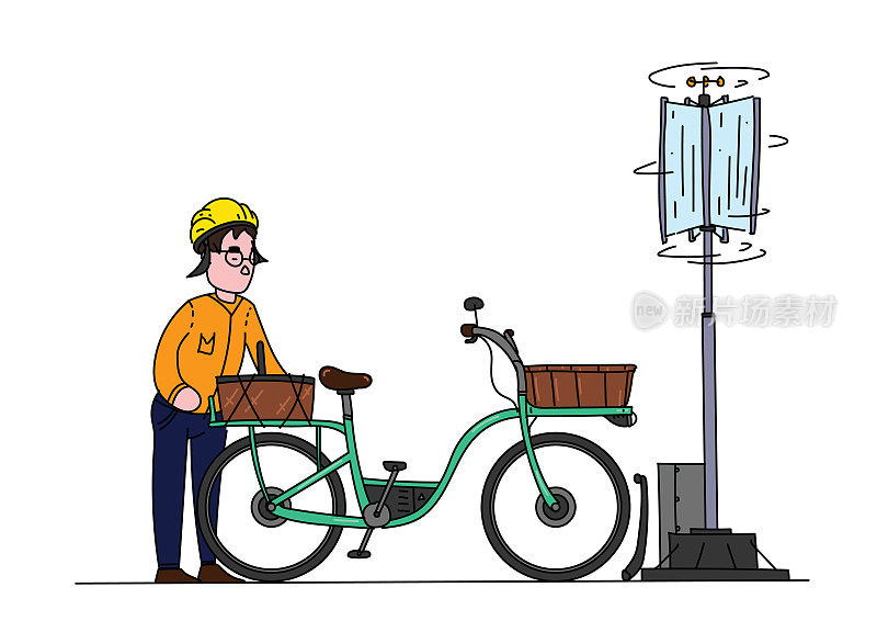 人们在一个适合城市的小型风力涡轮机上为自行车充电。