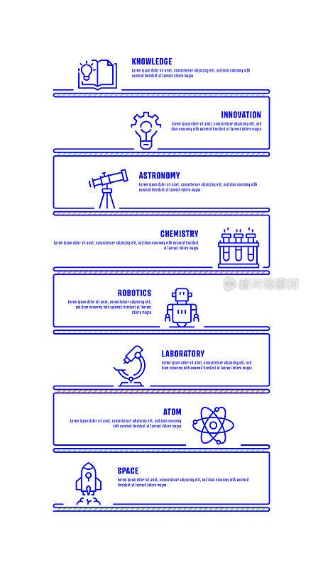 信息图表设计模板。知识，创新，天文学，化学，机器人，实验室，原子，空间图标有8个选项或步骤。