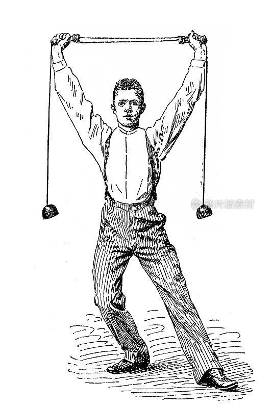 19世纪的手臂和胸部强化剂，绳子和重量